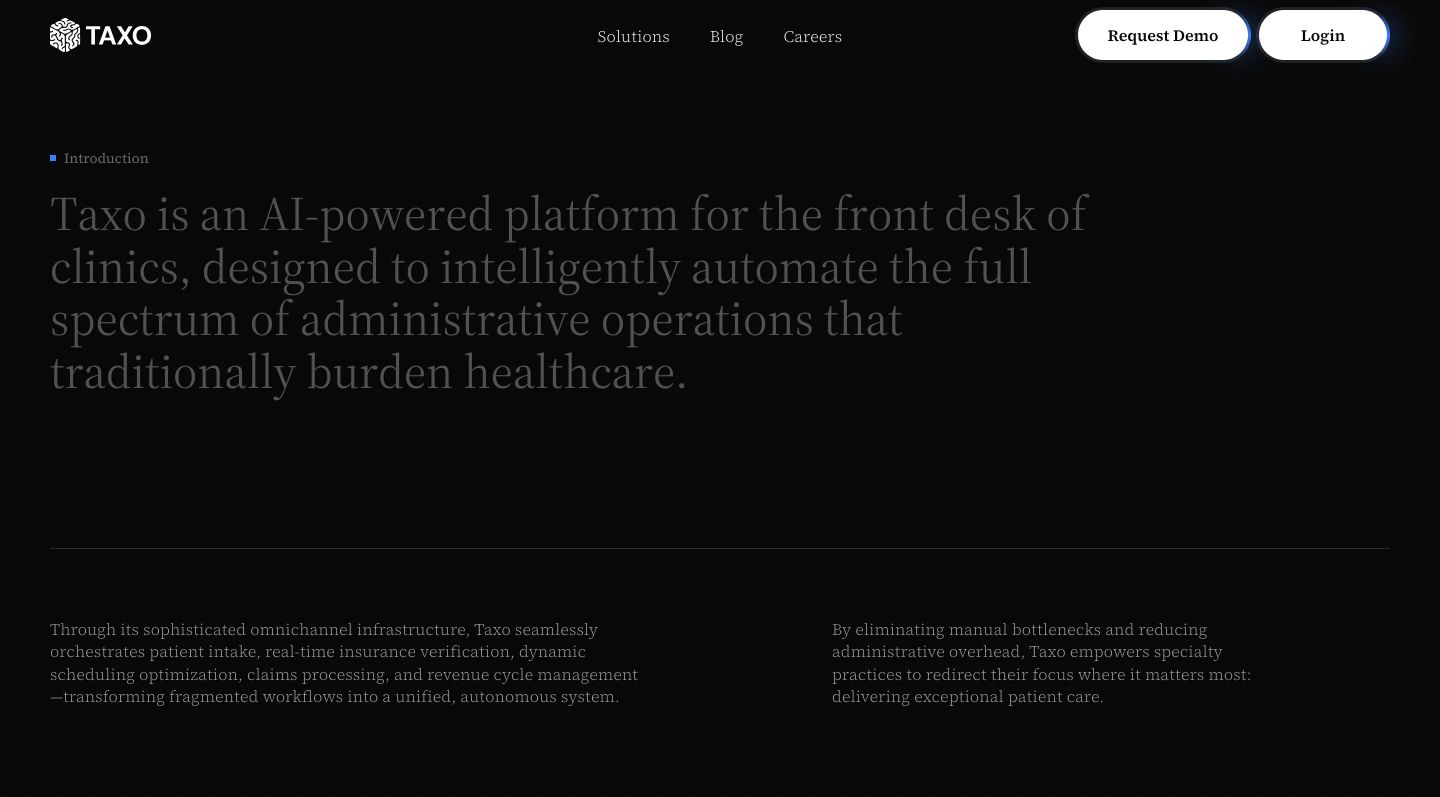 A pitch-black editorial hero with quiet, low-contrast serif typography and an unhurried, text-only introduction to a healthcare AI platform.