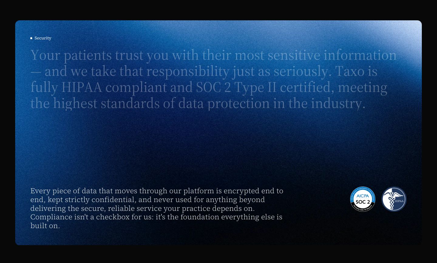 Deep blue textured card delivering a quiet, confident security declaration with elegant serif typography and compliance trust badges.