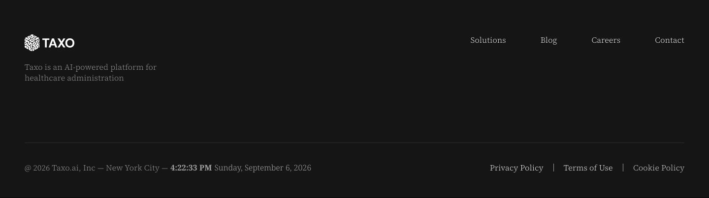 A quiet, dark minimalist footer with sparse serif typography and generous negative space.