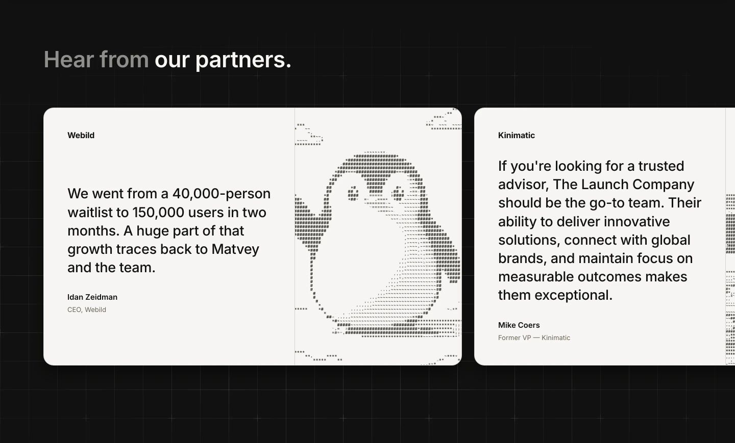 Crisp testimonial cards on a subtle dark grid, featuring ASCII art illustration alongside structured client endorsements.