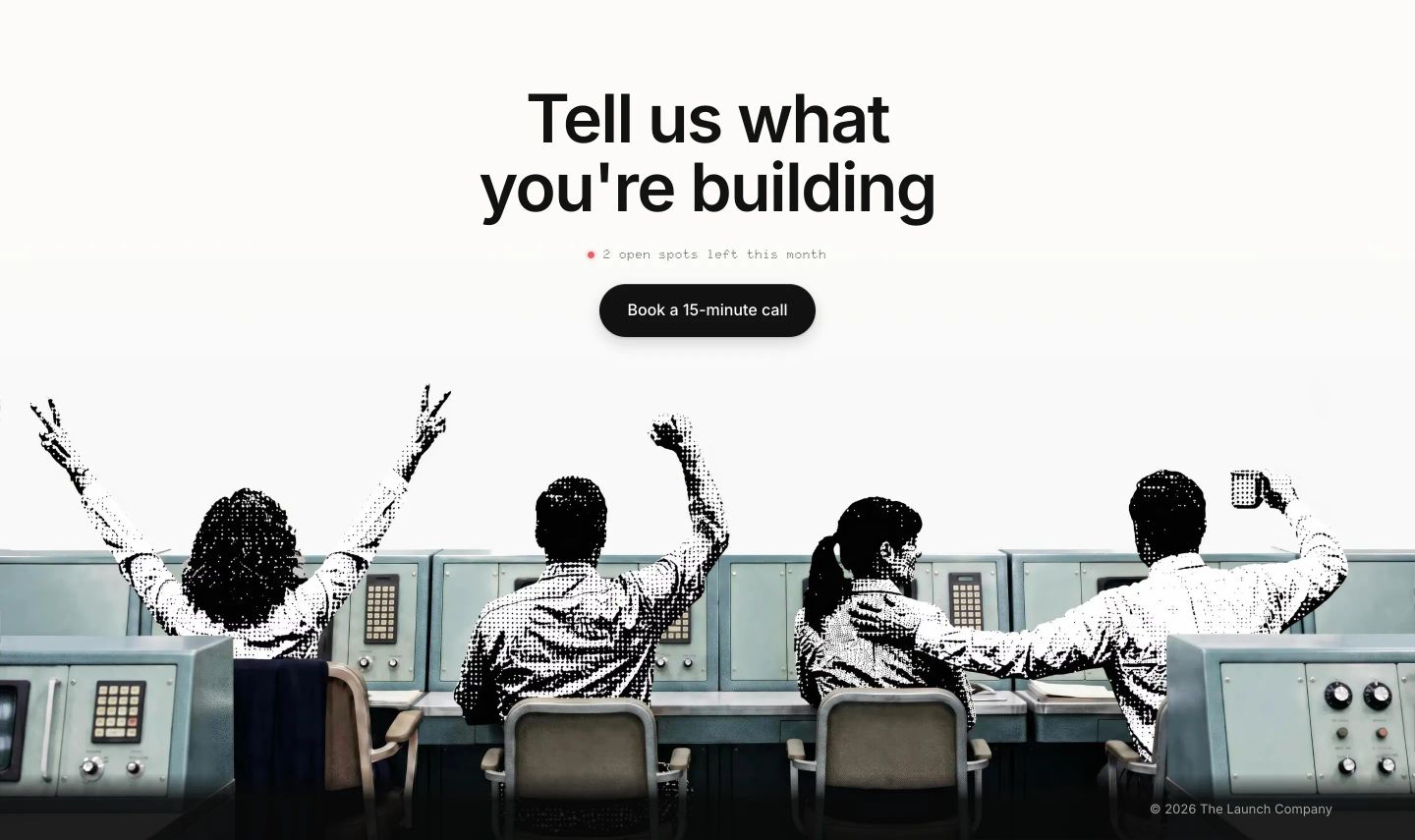 An expansive call to action pairing centered stark typography with a celebratory vintage mission-control halftone illustration.