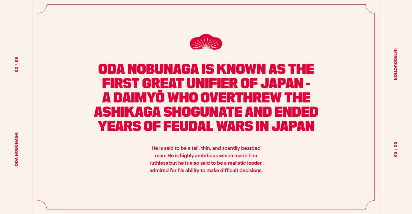 An ornate editorial slide presenting historical narrative with bold crimson typography framed in classical corner flourishes.