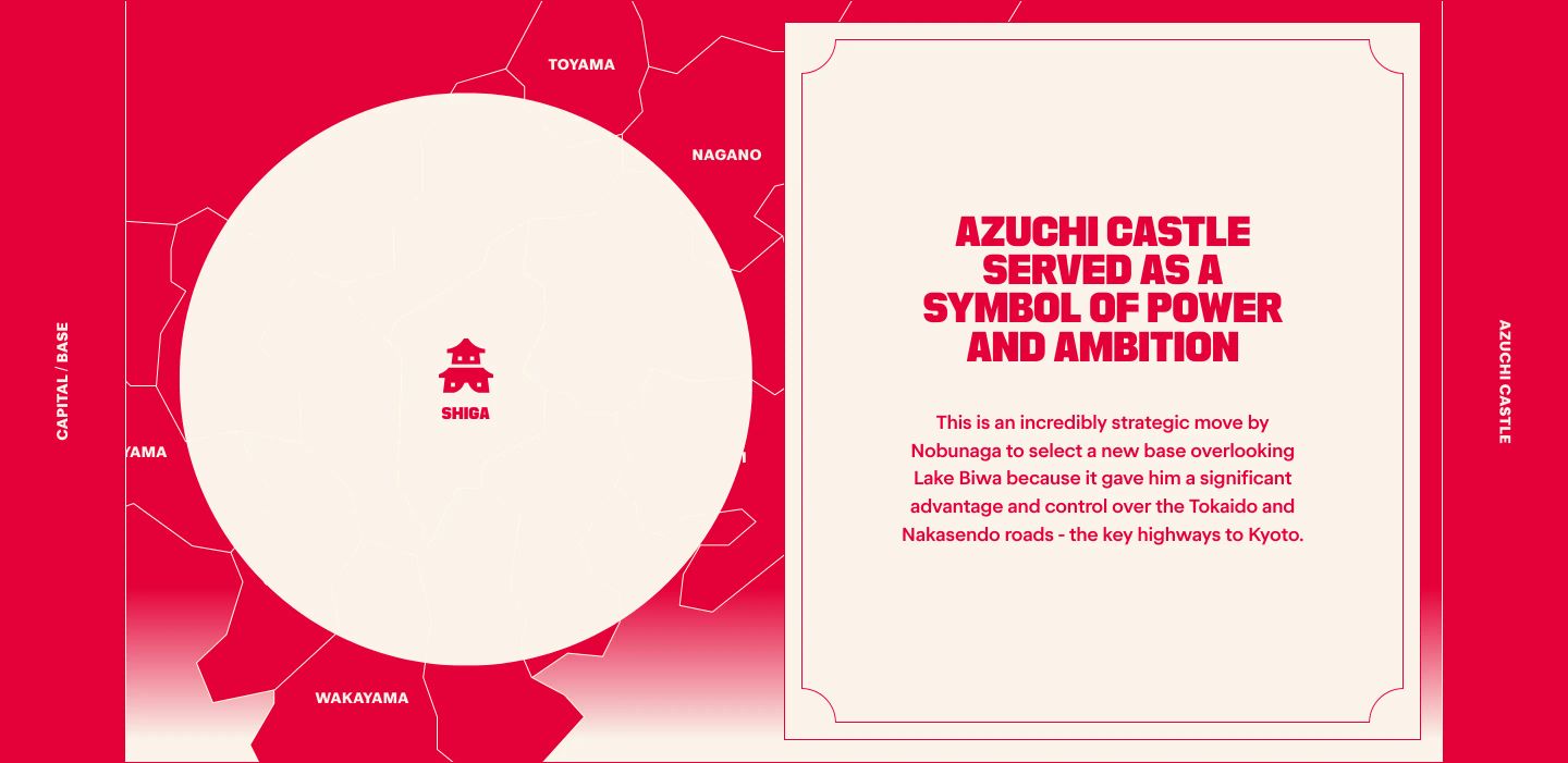 High-contrast crimson and cream editorial feature pairing a circular map spotlight with an ornate bordered typographic narrative card.