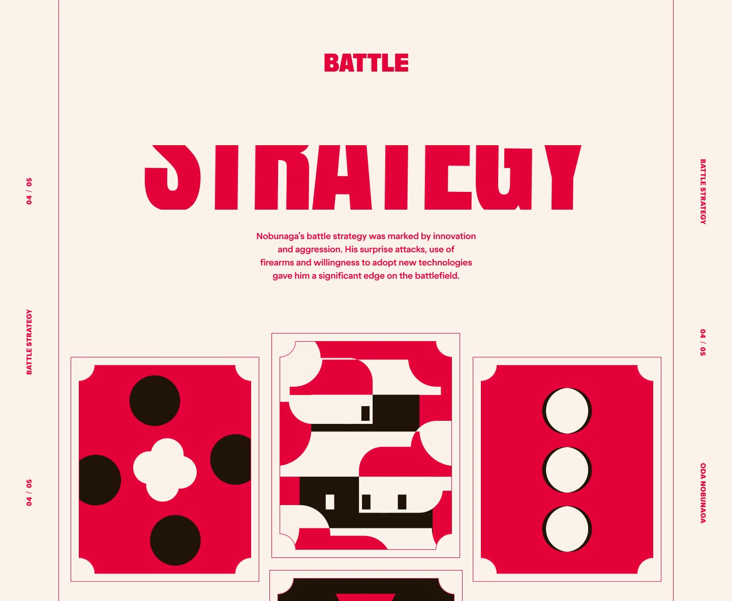 A striking, high-impact editorial spread blending bold crimson geometric typography with card-like graphic emblems on warm cream paper.
