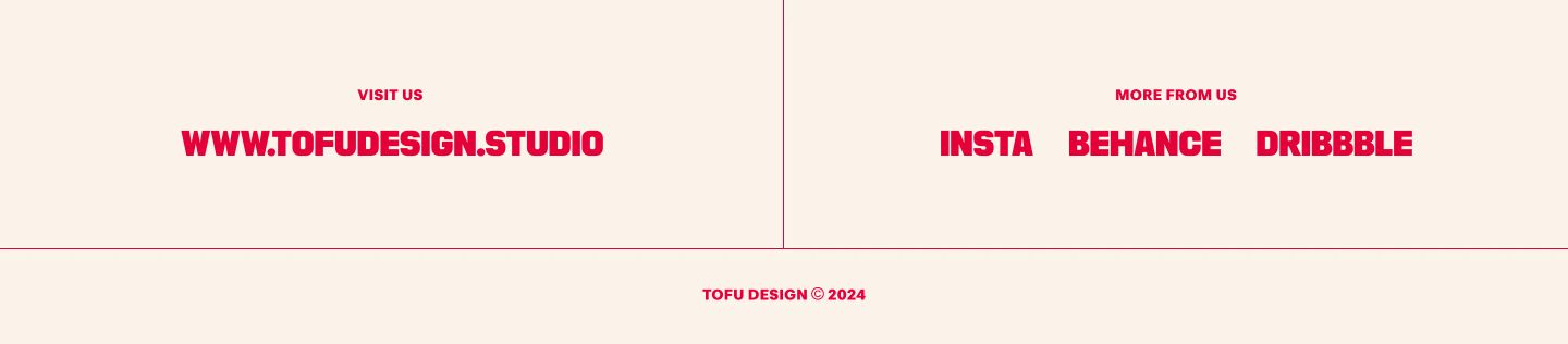 A clean, structured Swiss-style footer partitioned by delicate crimson hairlines with bold, high-contrast red typography on warm cream.