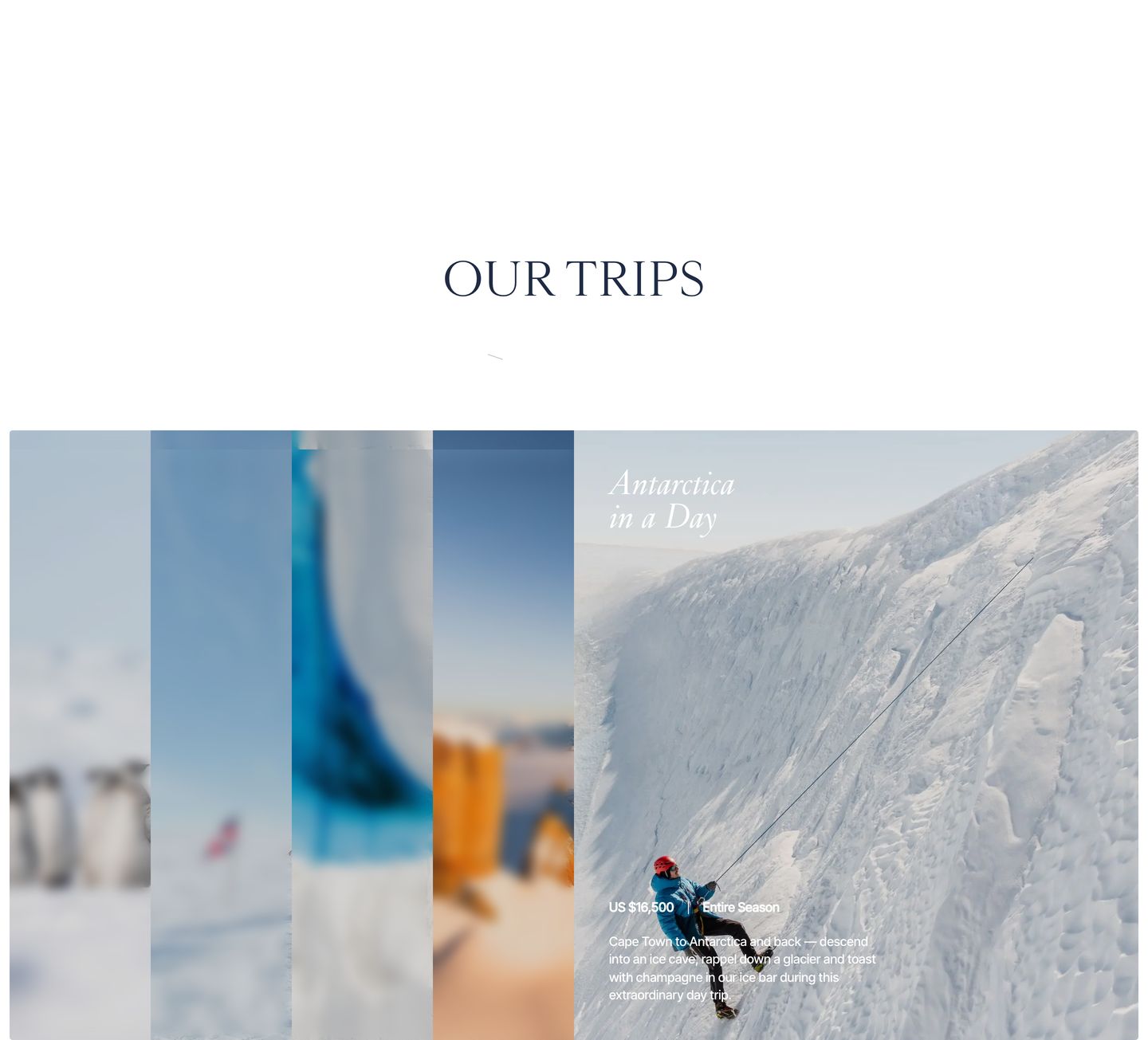 An expansive, pristine luxury expedition showcase featuring vertical interactive panels across icy Antarctic landscapes.