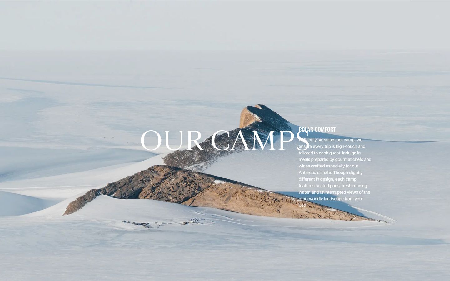 Vast, serene polar expanse overlaid with graceful serif typography evoking ultra-luxury expedition travel.