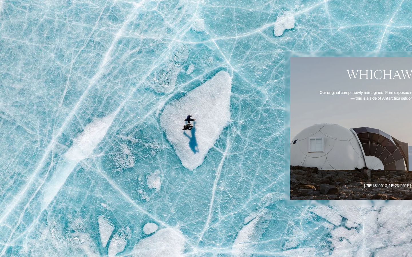 Vast aerial Antarctic ice fractures frame a floating editorial card detailing a secluded luxury dome camp.