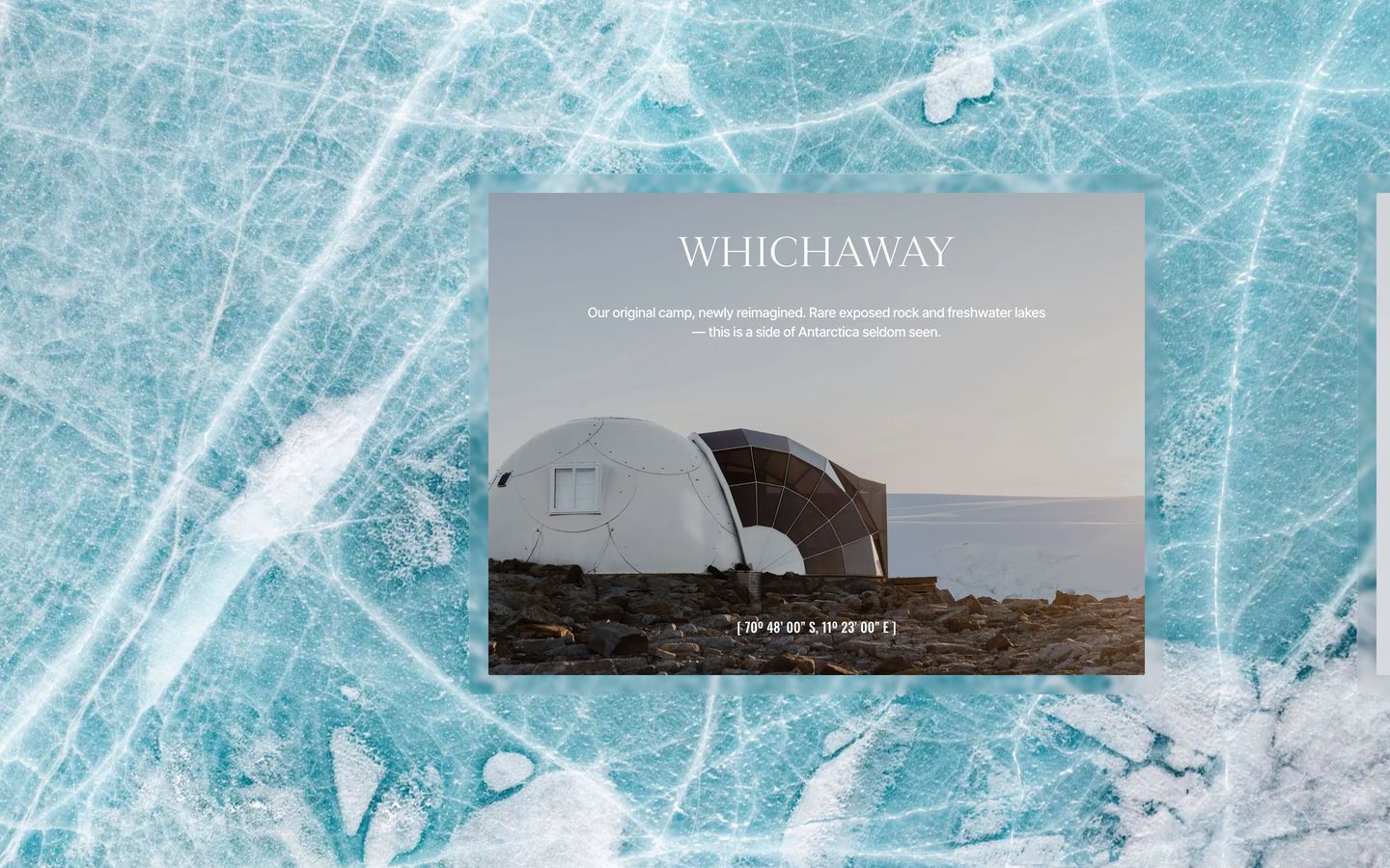 A floating card showcasing an Antarctic dome camp rests over a vivid turquoise glacial ice texture, evoking isolated high-end expedition luxury.