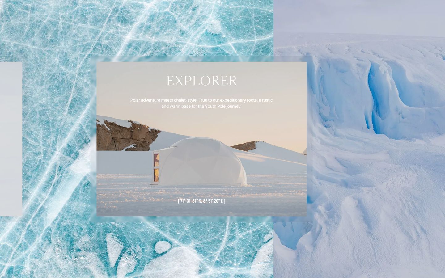 A tranquil polar expedition card sits serenely against a vast backdrop of fractured blue ice and snow-covered glaciers.