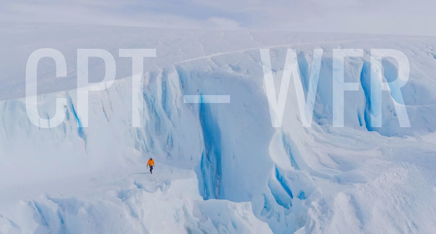 A vast glacial landscape dwarfs a lone explorer beneath ghosted oversized typography in icy blue tones.