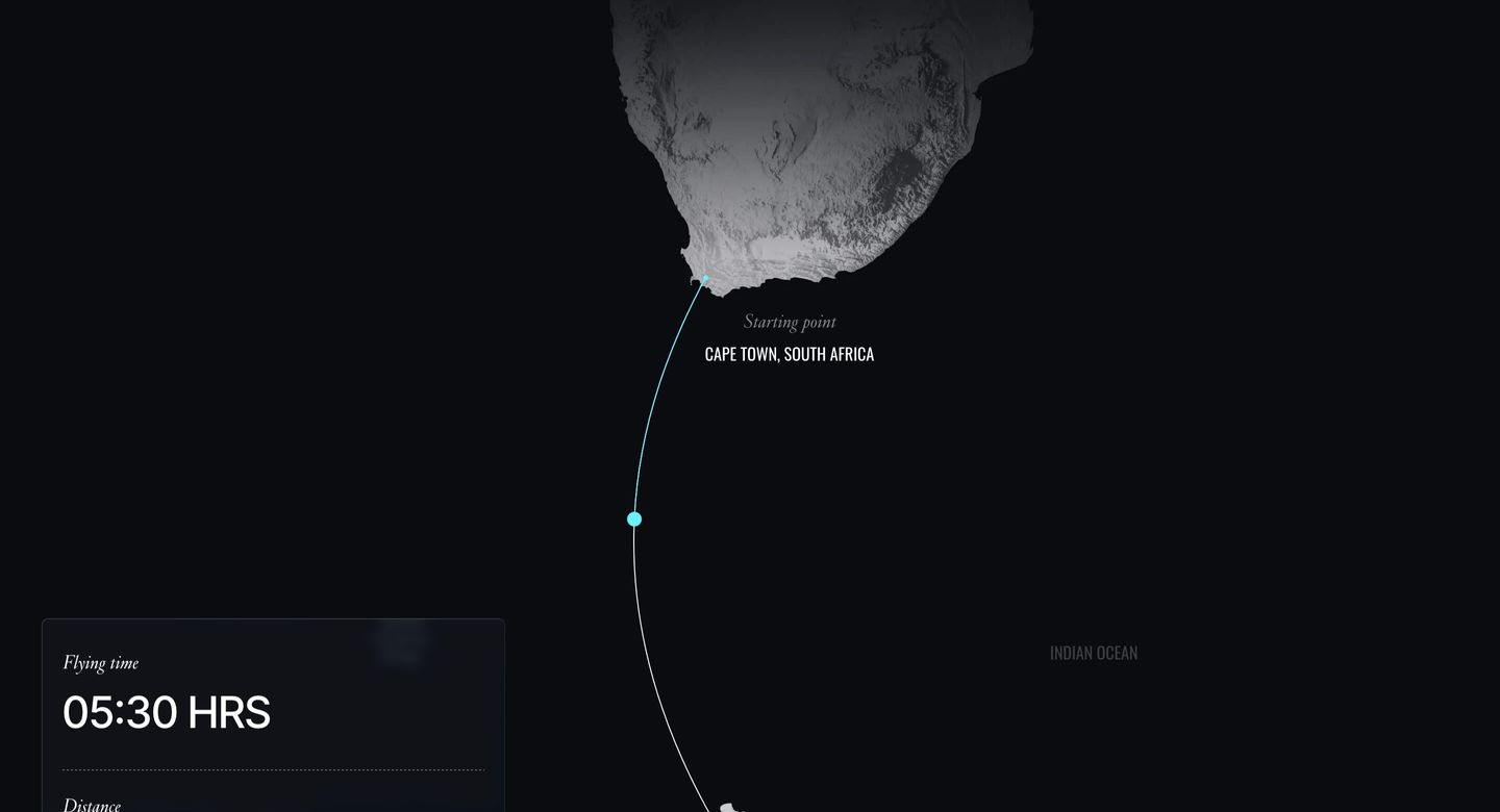A stark, nocturnal cartographic visual tracing an expedition route from Cape Town into the abyss with crisp flight telemetry.