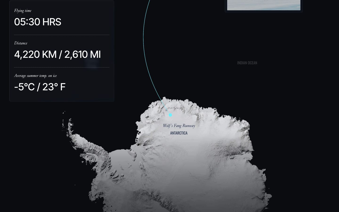 A dark, atmospheric flight telemetry view charting route metrics across an illuminated 3D terrain of Antarctica.