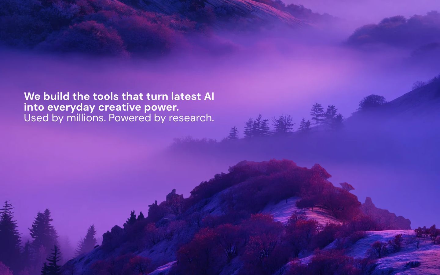 Dreamy purple mountain landscape shrouded in mist, overlaid with quiet, declarative white typography.
