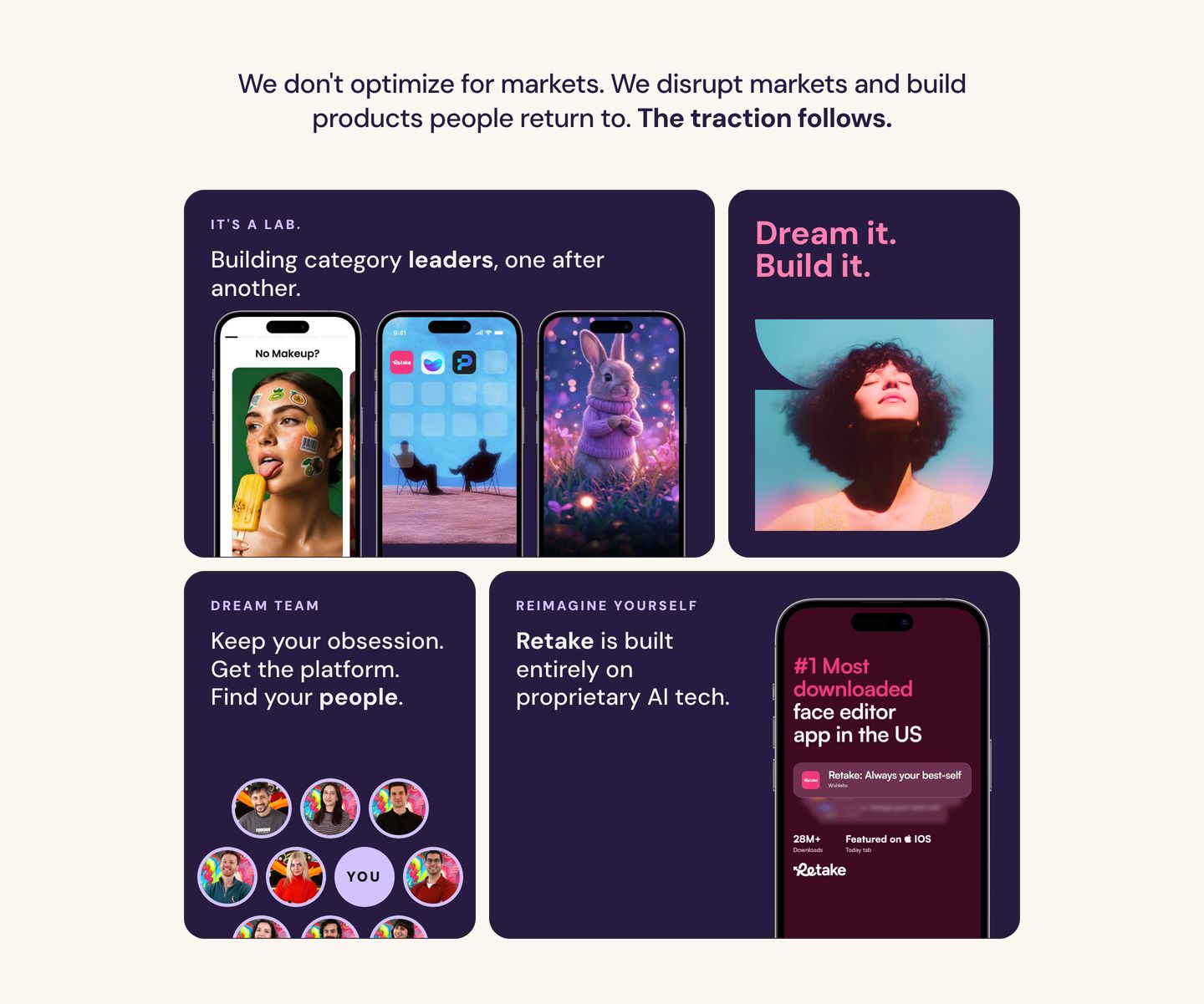 Deep purple bento cards showcase mobile products, team culture, and stats on a warm cream canvas.