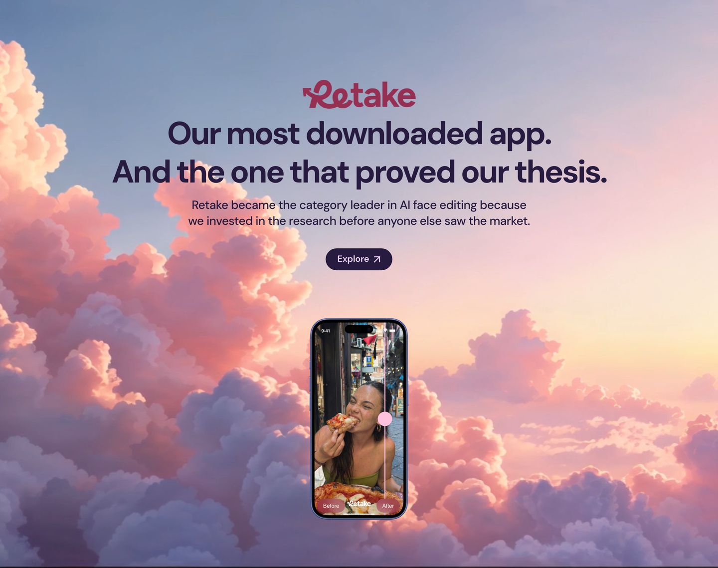 Dreamy pink cloudscape frames a centered case study presentation with high-contrast typography and a floating mobile app mockup.