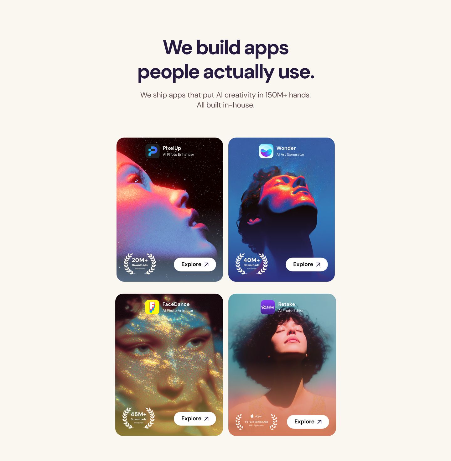 Luminous mobile app showcase grid featuring dreamlike saturated portrait art and download proofs over a soft cream background.