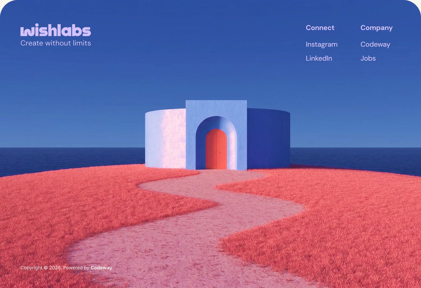 A surreal pastel 3D world with pink grass and architectural geometry elevates a minimalist footer into an ethereal parting scene.