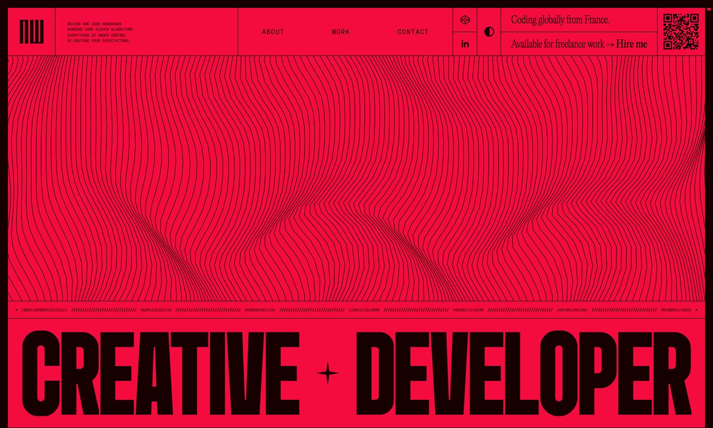 A high-voltage crimson hero dominated by generative line topography and massive condensed typography that vibrates with digital intensity.