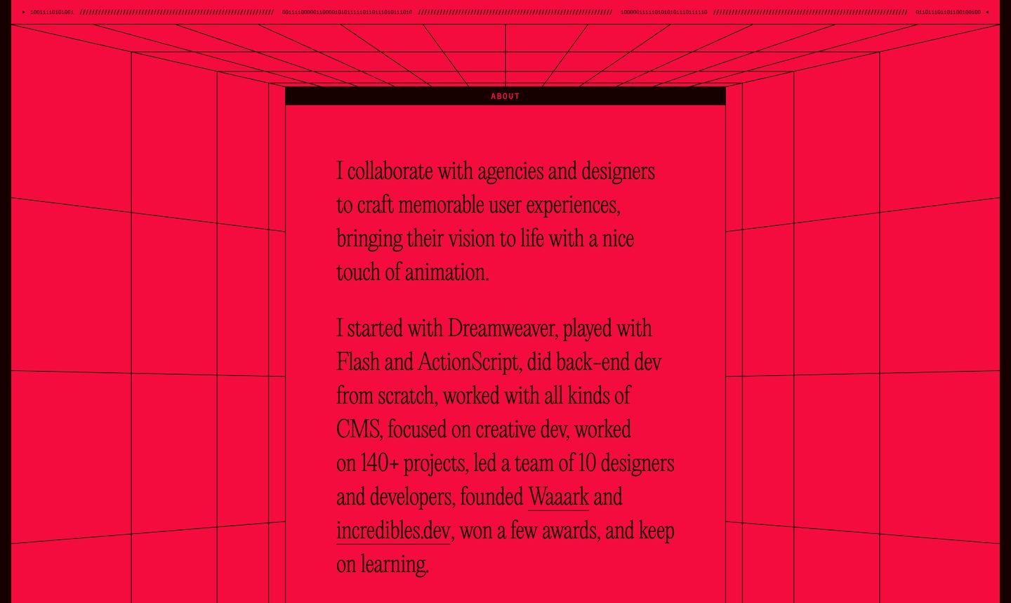 Intense neon-red perspectival wireframe chamber framing a centered editorial bio about creative development.