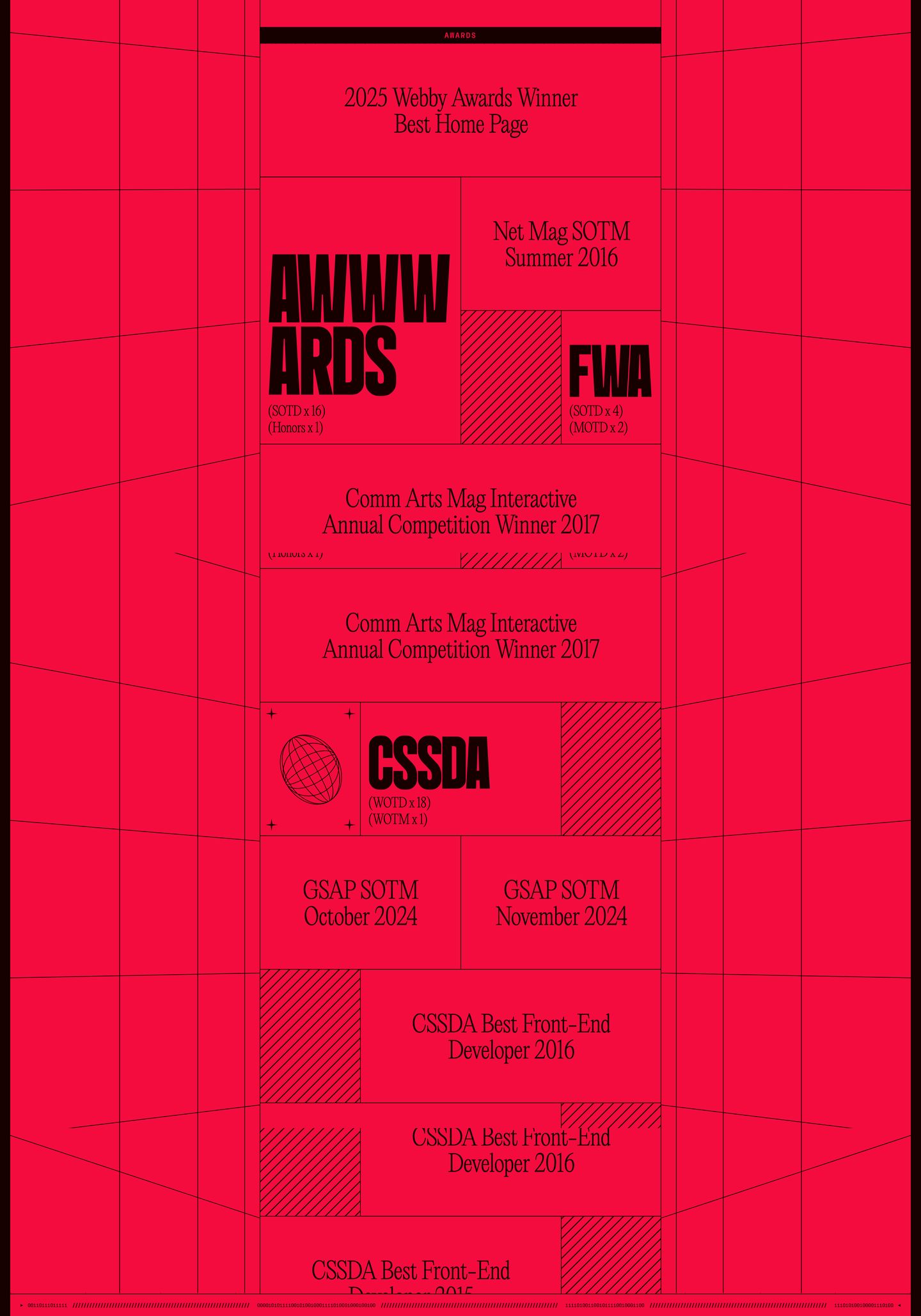 An intense crimson brutalist grid of industry awards framed within a warped wireframe perspective box.
