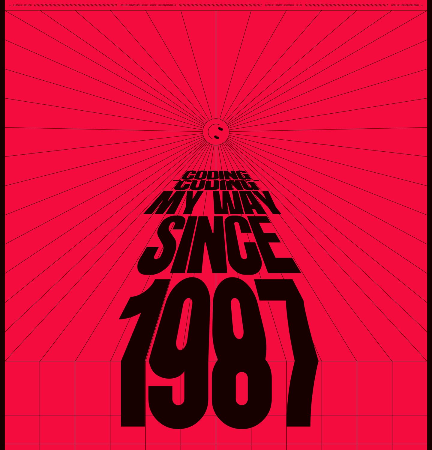 Saturated red graphic poster statement with dramatic 3D perspective typography vanishing toward a wireframe sunburst.