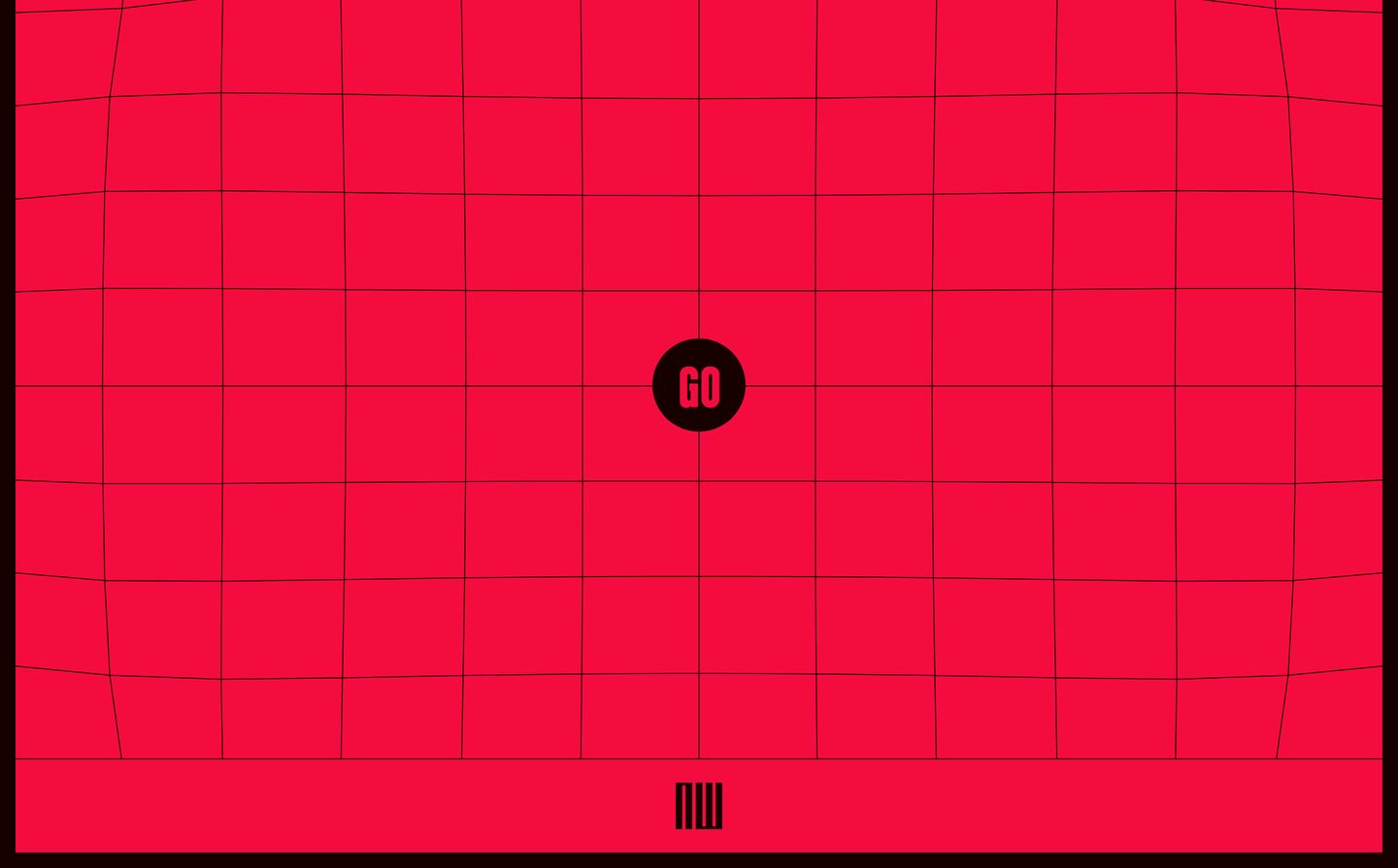 An intense crimson barrel-distorted grid with a single black circular button evoking a retro-futuristic arcade interface.