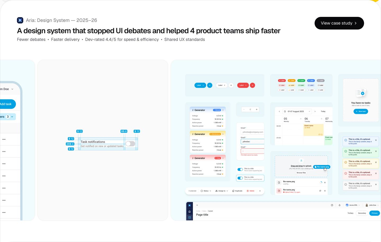 Crisp and methodical design system hero showcasing modular UI component sheets across a luminous canvas.