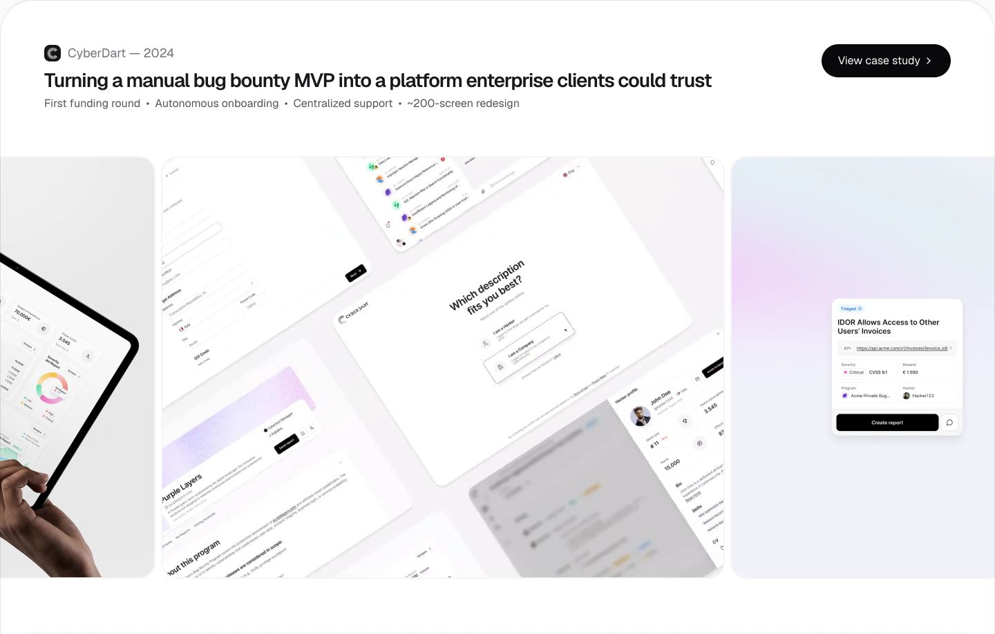 Crisp case study card featuring floating angled product UI mockups with quiet typographic hierarchy and pill CTA.