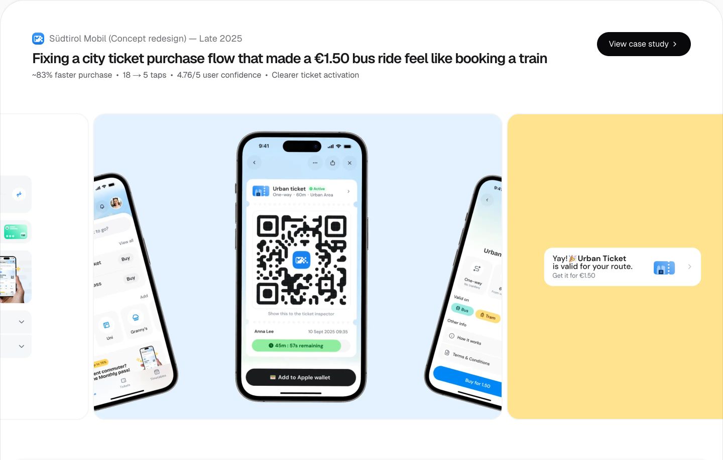 Clean and focused case study showcase with floating smartphone UI mockups highlighting UX improvements on a subtle neutral background.