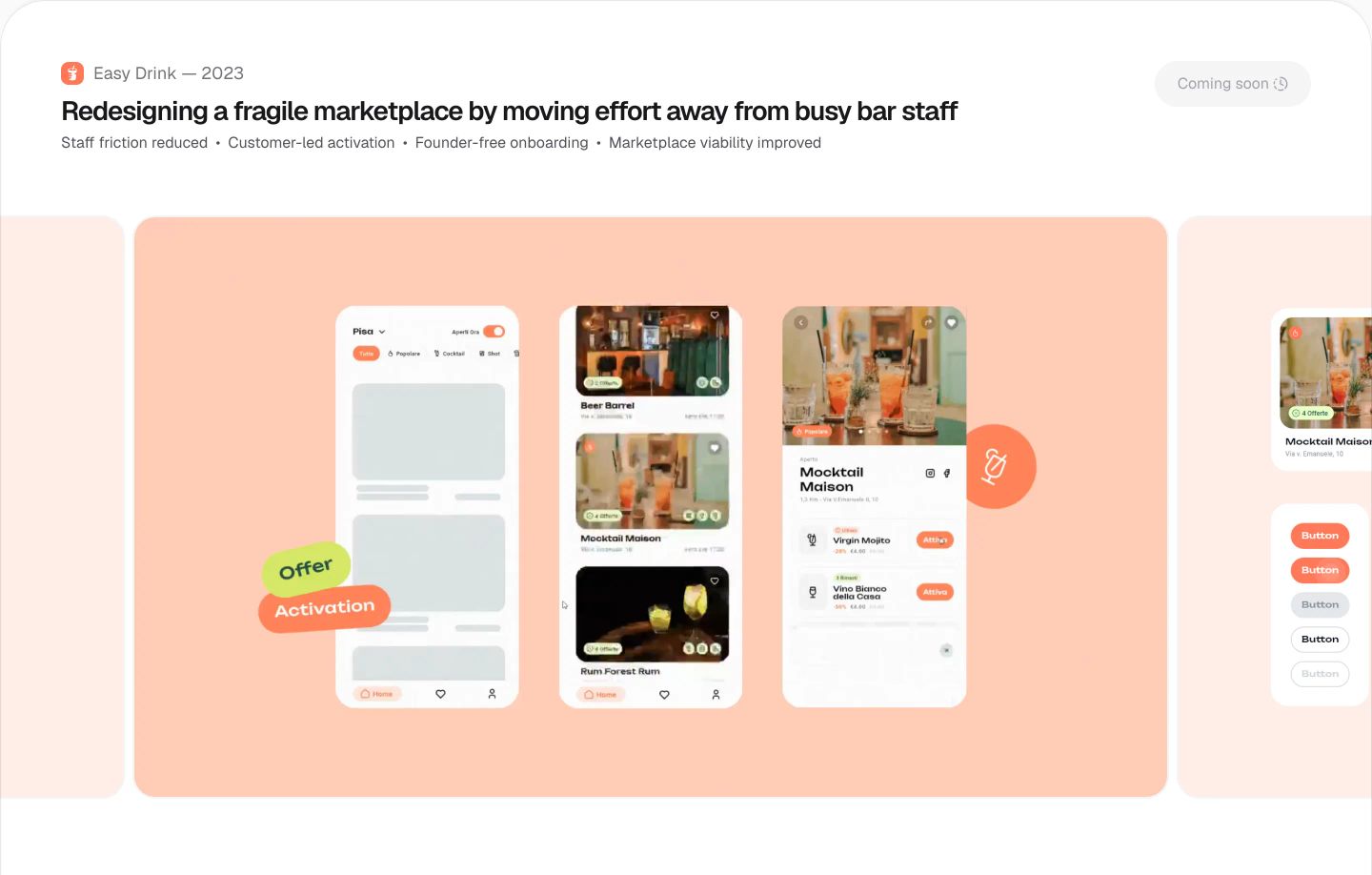 Clean, airy case study presentation displaying mobile interface mockups across a carousel of warm rounded cards.