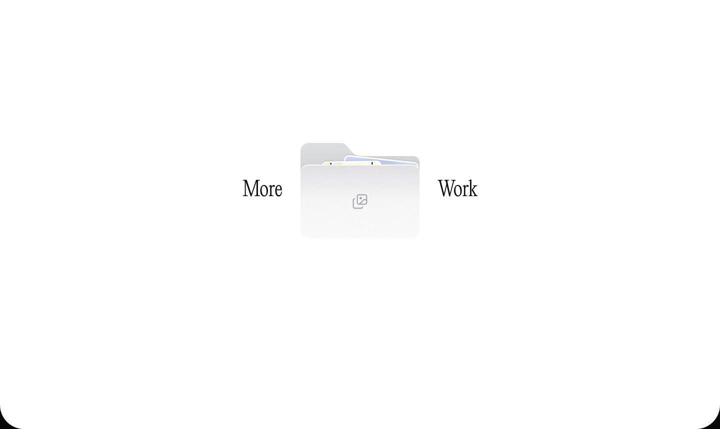 Vast white canvas centered on an elegant serif headline split by a soft folder graphic inviting further exploration.