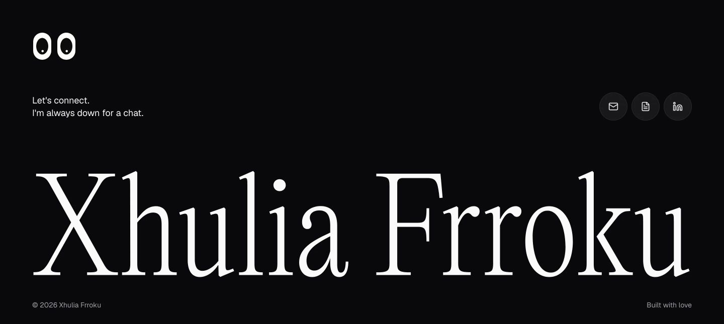 A stark, quiet dark footer dominated by an oversized editorial serif signature and understated conversational contact links.