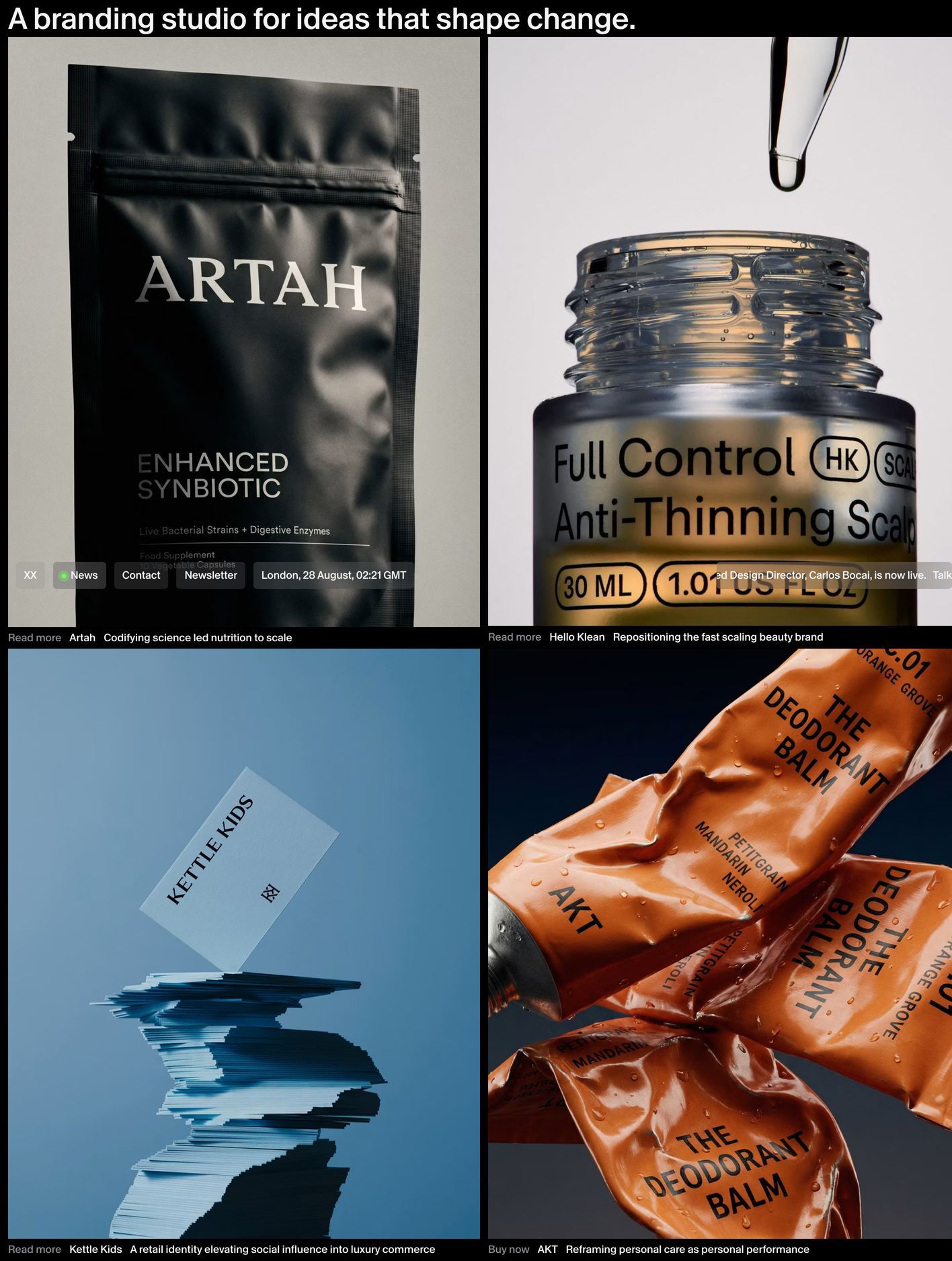 Editorial branding studio showcase framed in a stark 2x2 grid of rich macro product photography.