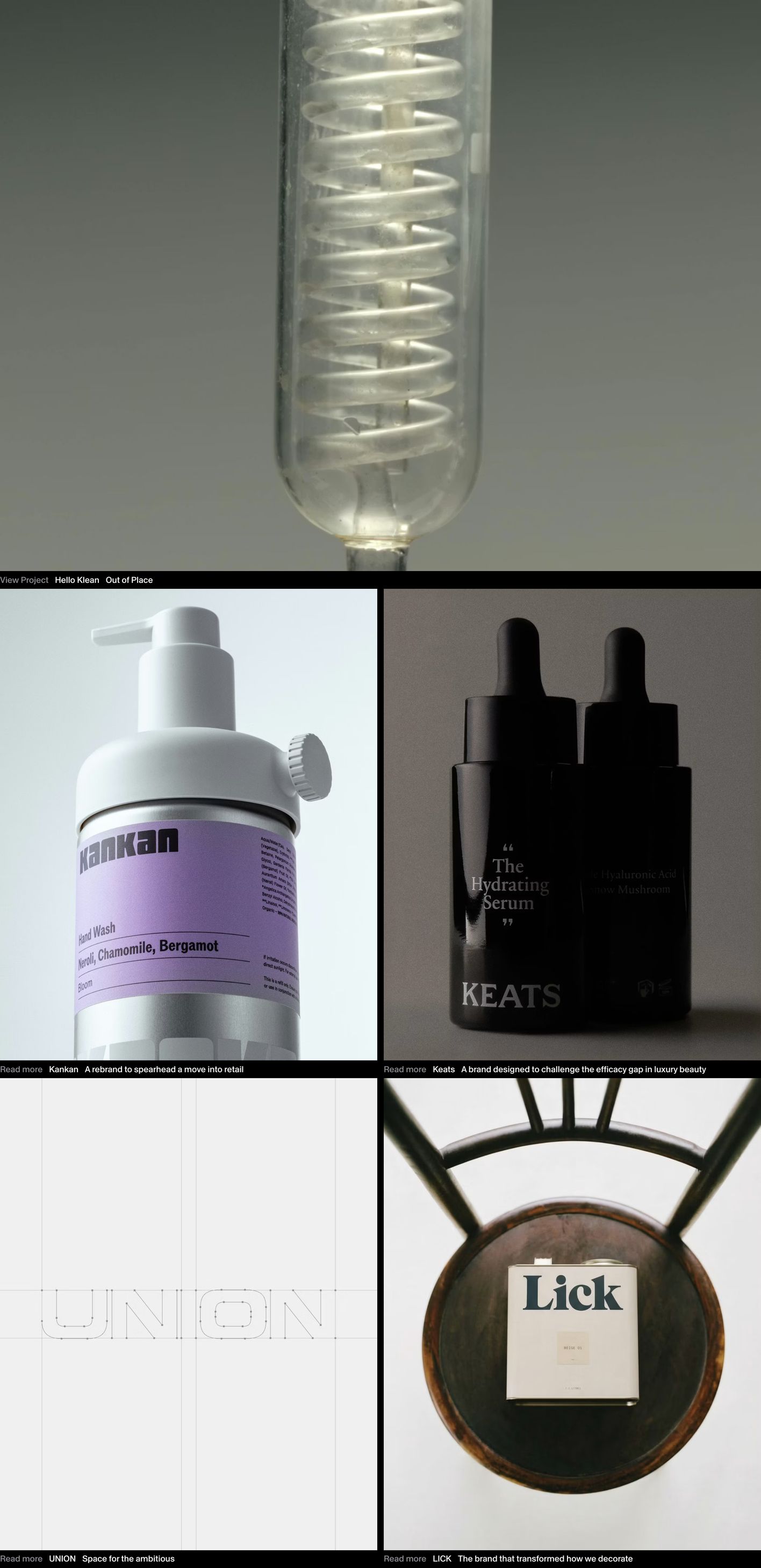 An impeccably structured studio portfolio grid displaying tactile product photography and identity case studies with razor-sharp micro-typography.