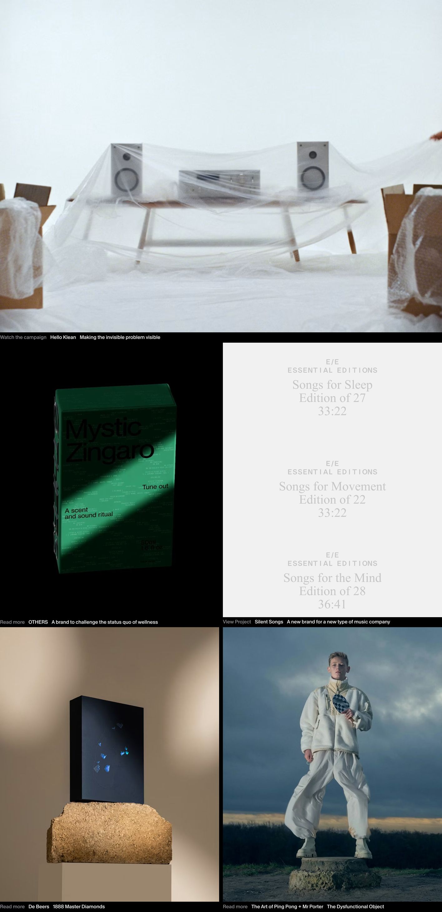 A curated editorial project showcase pairing rich, cinematic case study imagery with stark, minimal typography bars beneath each frame.