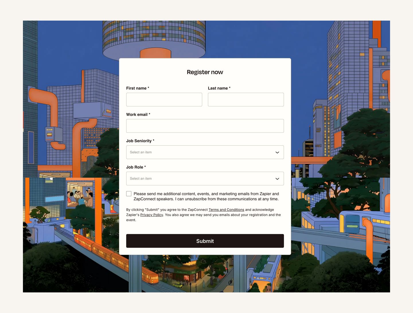 A clean registration card floats at the center of an intricate, retro-futuristic cityscape illustration.