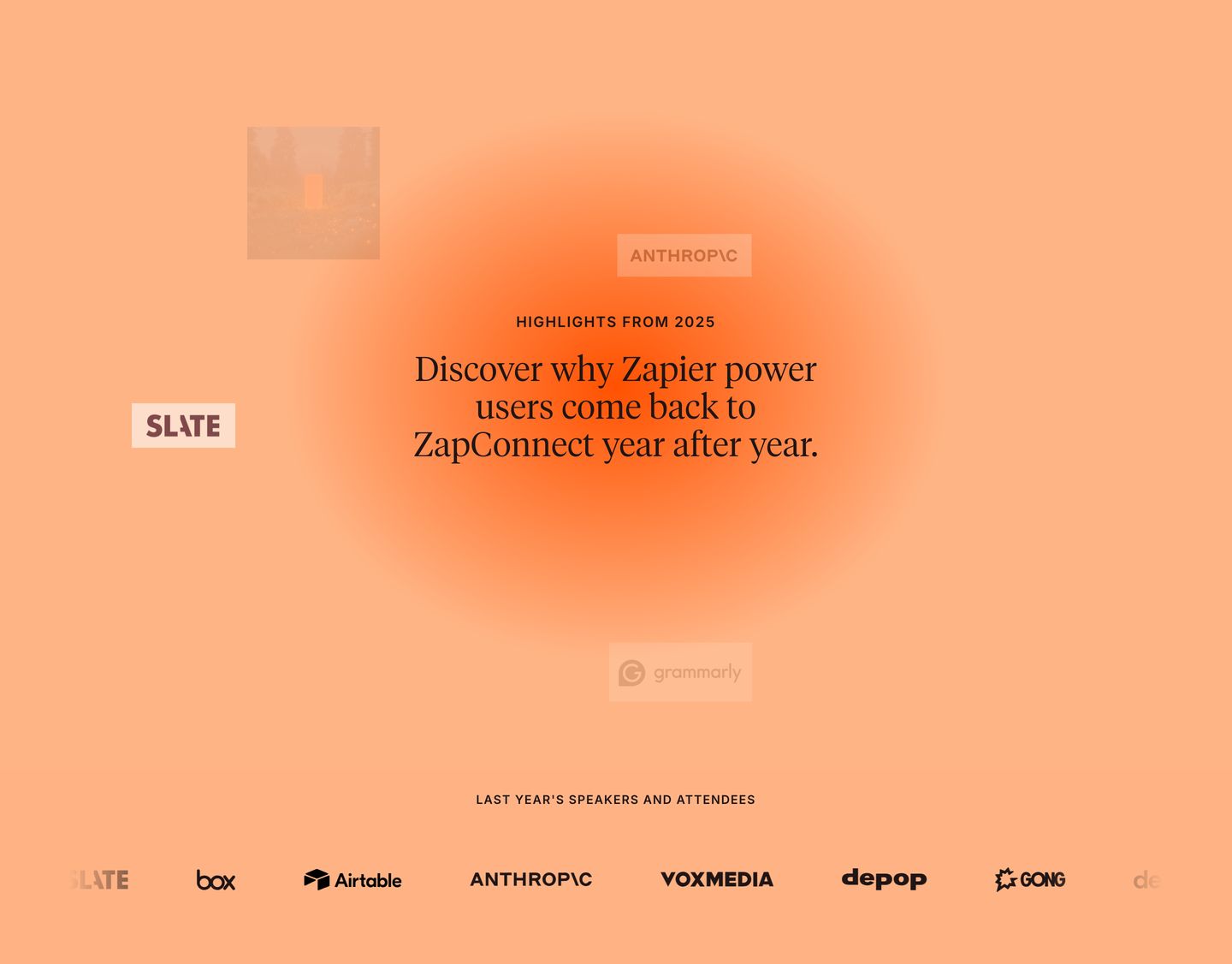 A warm, glowing radial aura cradles floating brand badges and elegant serif typography in a calm, ambient composition.