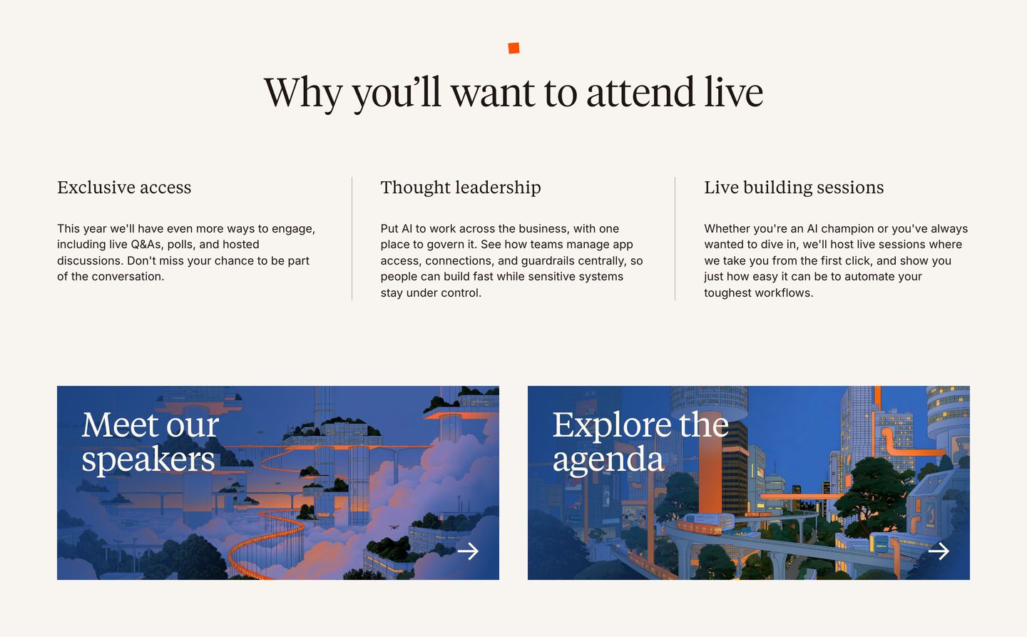 Refined editorial event section combining delicate serif headlines, hairline column rules, and lush atmospheric city illustrations.