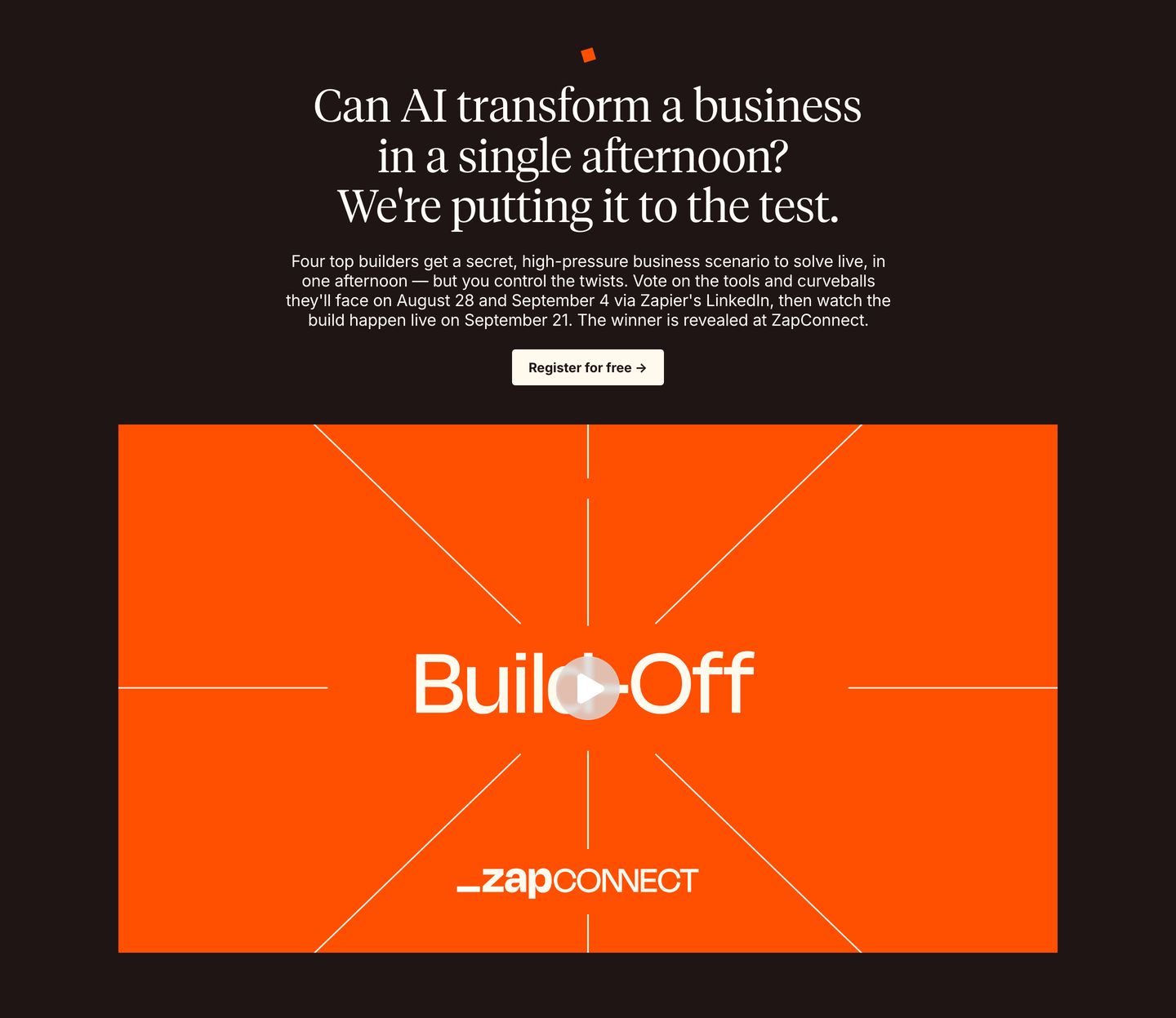 Dramatic event announcement pairing high-contrast editorial serif typography on a dark background with an intense orange video preview card.