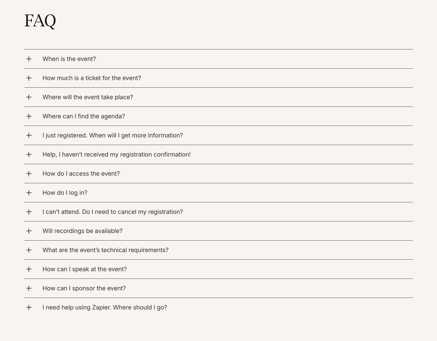 A quiet, editorial accordion FAQ with refined serif titling and delicate hairline dividers over a warm cream canvas.