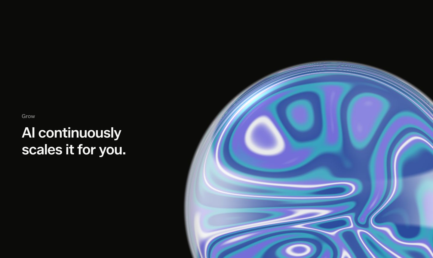 A deep black void anchored by an iridescent, liquid-textured 3D sphere and quiet, confident typography.