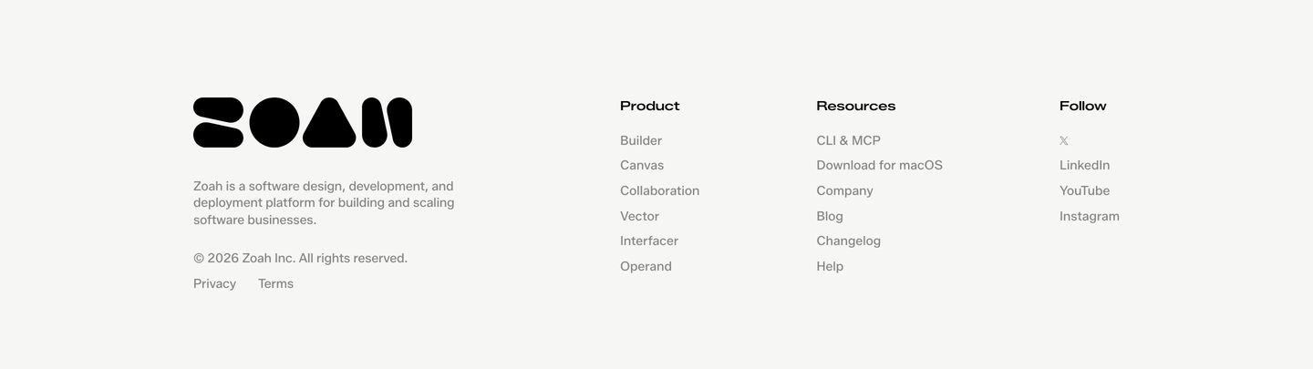 A calm, minimal footer anchored by an abstract geometric logomark and structured navigation columns in muted grey.